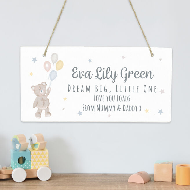 Personalised Teddy & Balloons White Wooden Sign