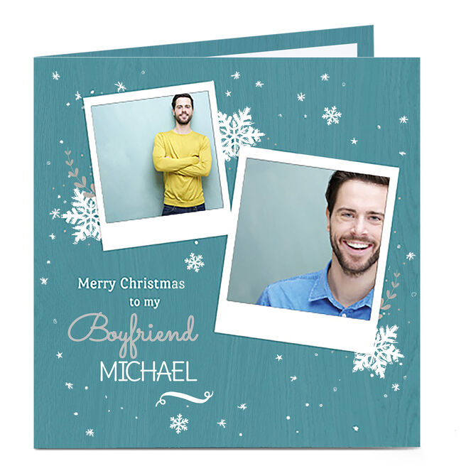 Photo Christmas Card - Boyfriend Blue Snowflakes Photo