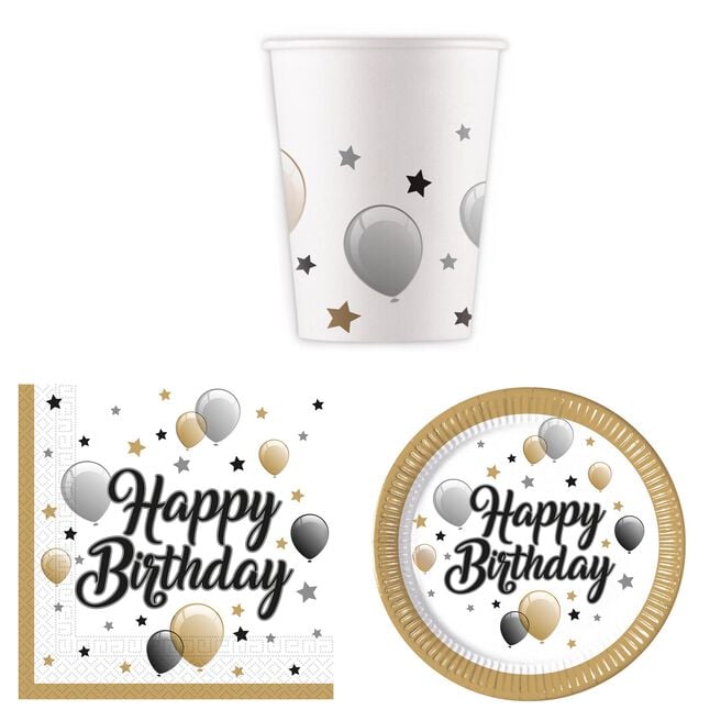 Silver & Gold Balloons Birthday Party Tableware Bundle - 16 Guests