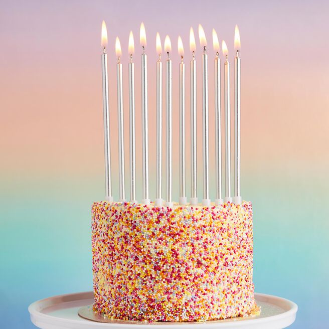 Silver Tall Skinny Cake Candles - Pack of 12