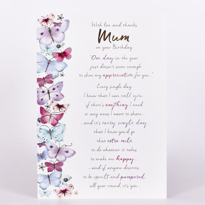 Birthday Card - Mum, Watercolour Butterflies