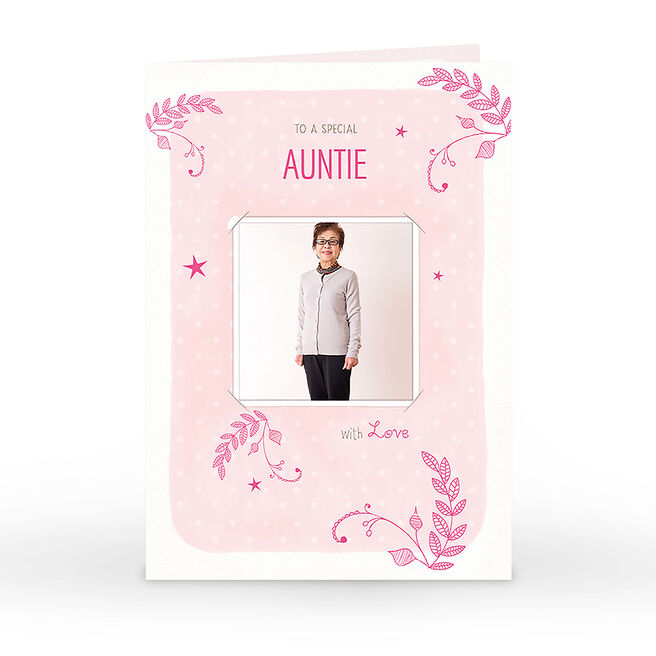Photo Birthday Card - Auntie, Pink Leaves