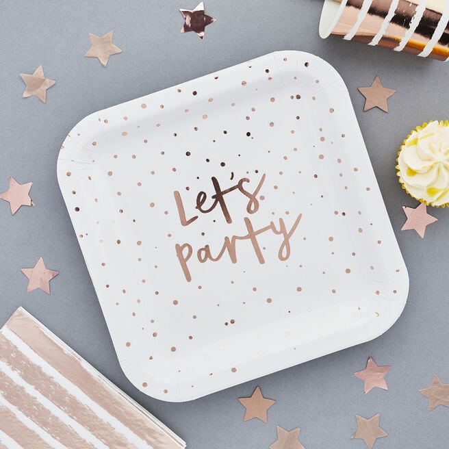 Metallic Rose Gold Lets Party Paper Plates - Pack of 8