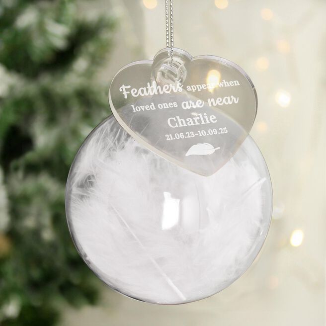 Personalised White Memorial Feather Bauble