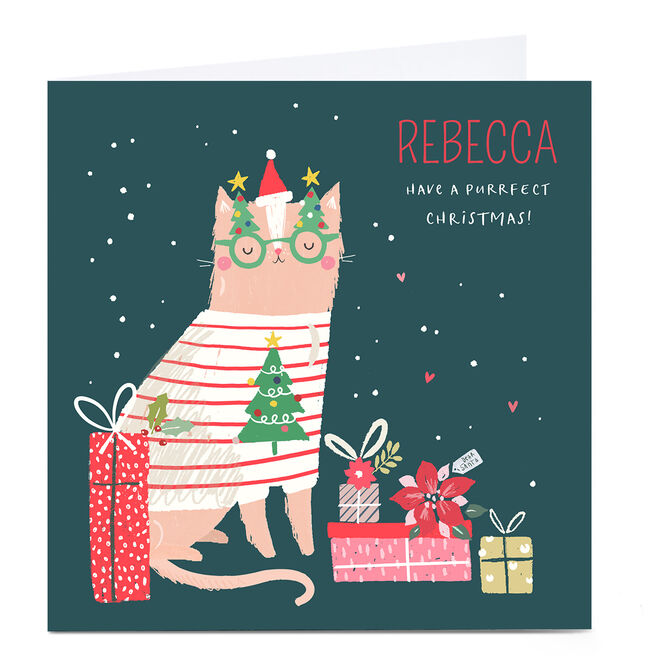 Personalised Nikki Upsher Christmas Card - Cat with Presents