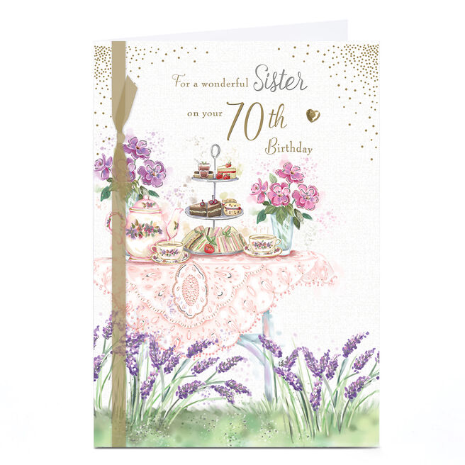 Personalised 70th Birthday Card - Garden Tea Party, Sister 