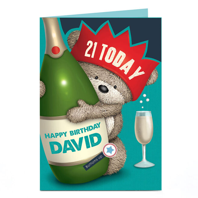 Personalised Hugs Bear 21st Birthday Card - Champagne