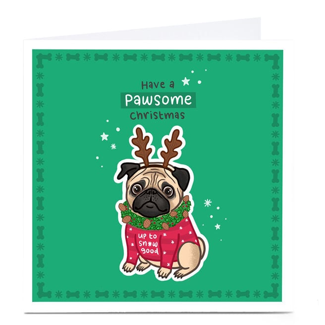 Personalised Blue Kiwi Chrismas Card - Pug Antlers