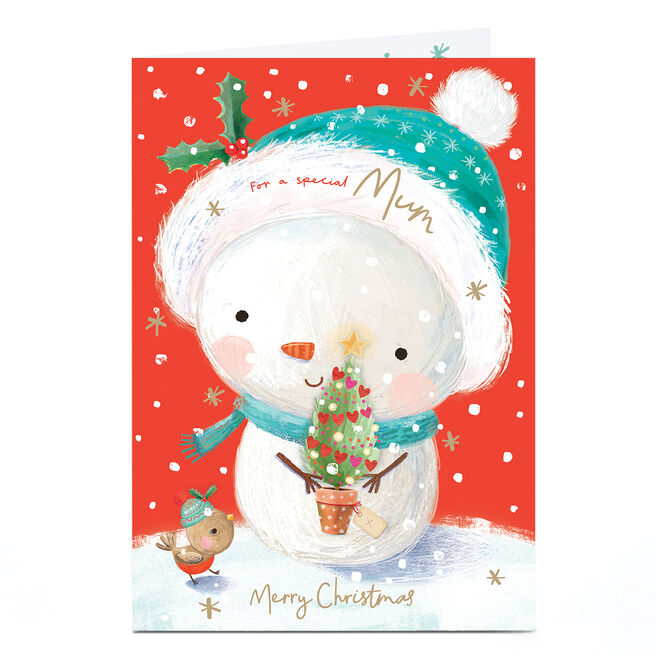 Christmas Card - Cute Snowman With Pot, For A Special Mum