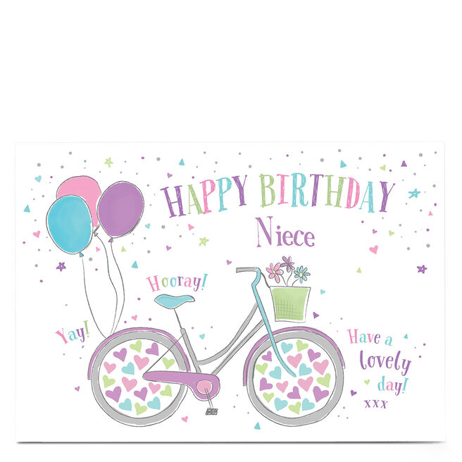 Personalised Birthday Card - Pastel Bicycle With Balloons, Niece