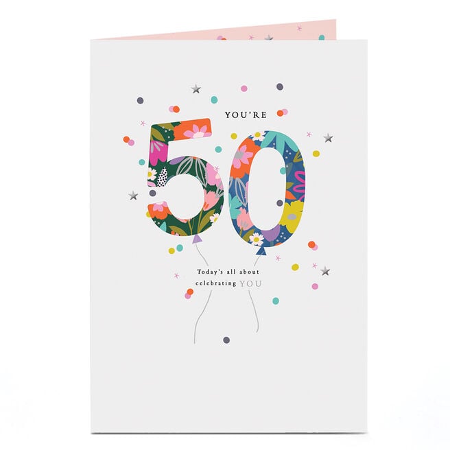 50th Birthday Card - Floral 50 Number Balloons