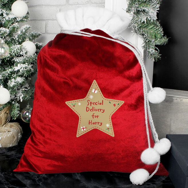 Personalised Red Star Pom-Pom Christmas Sack