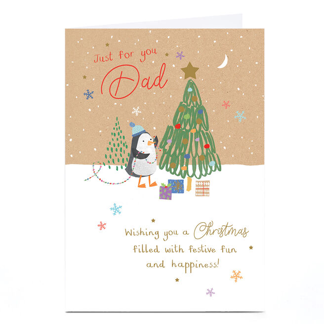 Personalised Christmas Card - Penguin Decorating Tree, Dad
