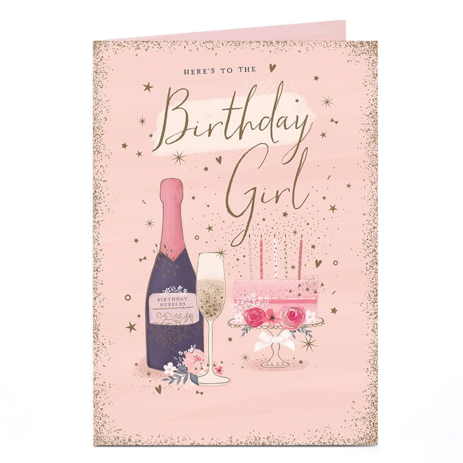 Birthday Card - Sparkle Champagne and Cake, Birthday Girl