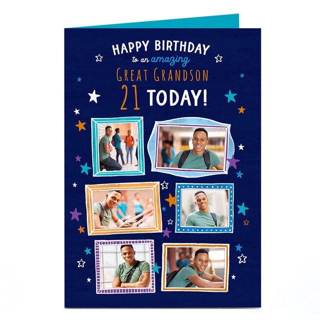 Photo Birthday Card - Blue Stars & Frames, Editable Age