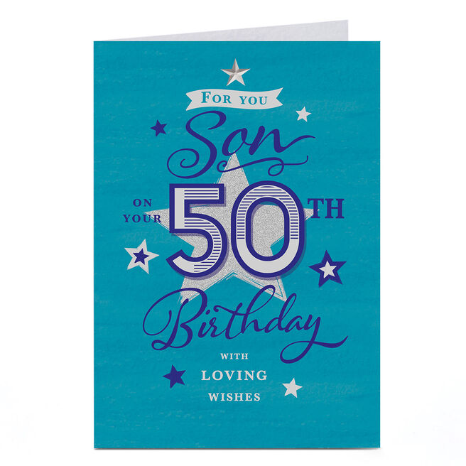 50th Birthday Card - Blue Stars and Loving Wishes, Son