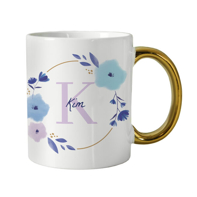 Personalised Floral Initial Gold Handled Mug