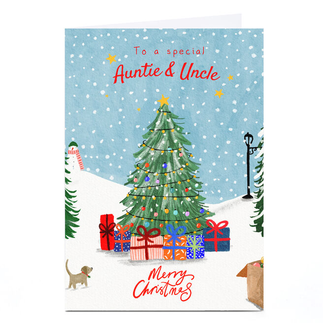 Personalised Christmas Card - Snowy Christmas Tree, Auntie and Uncle