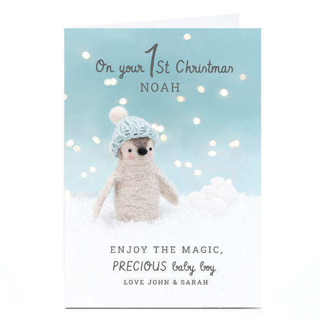 Personalised Lemon & Sugar 1st Christmas Card - Baby Boy Penguin