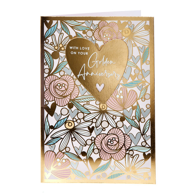 Floral Heart Golden 50th Wedding Anniversary Card