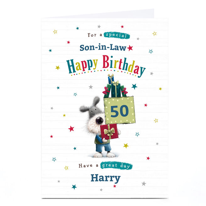 Personalised Birthday Card - Dog with Presents, Son-in-Law, Editable Age