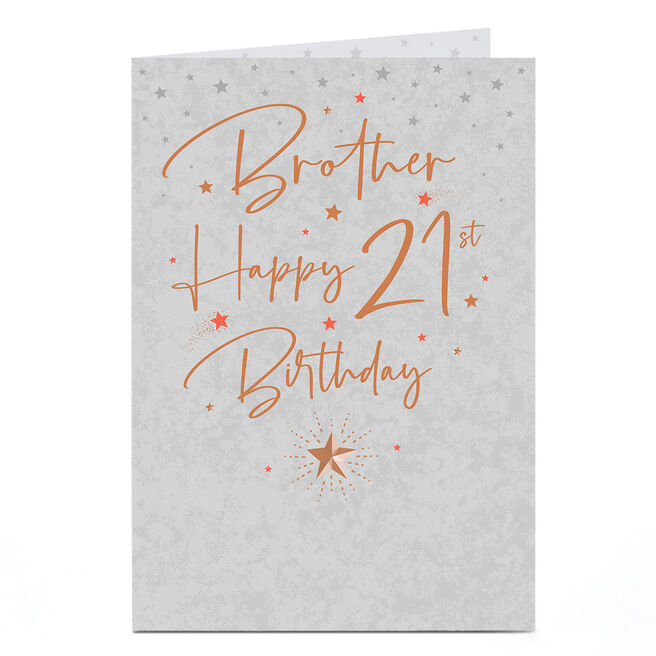 21st Birthday Card - Silver Stars and Gold Script, Brother