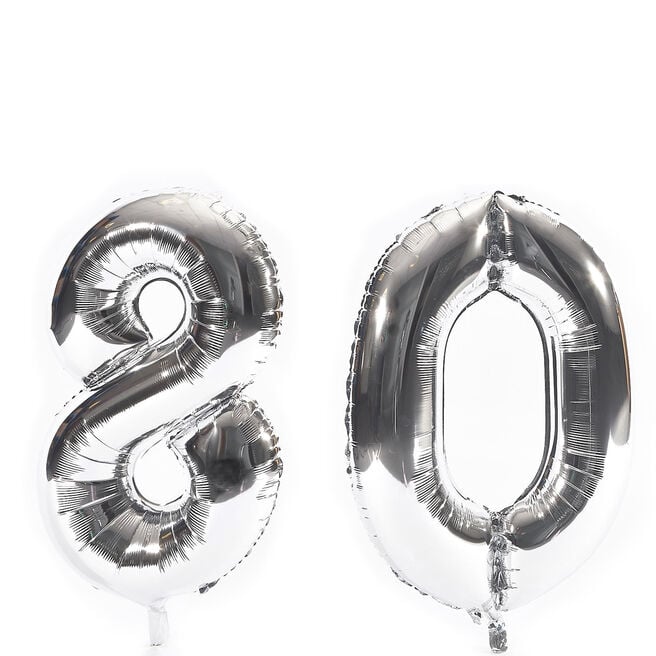 Age 80 Giant Foil Helium Numeral Balloons - Silver (deflated)