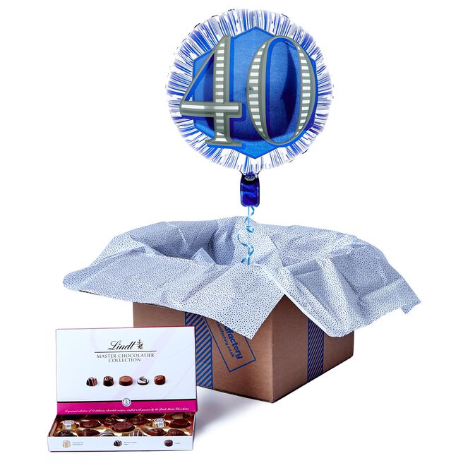 Blue & Silver 40th Birthday Balloon & Lindt Chocolate Box - FREE GIFT CARD!