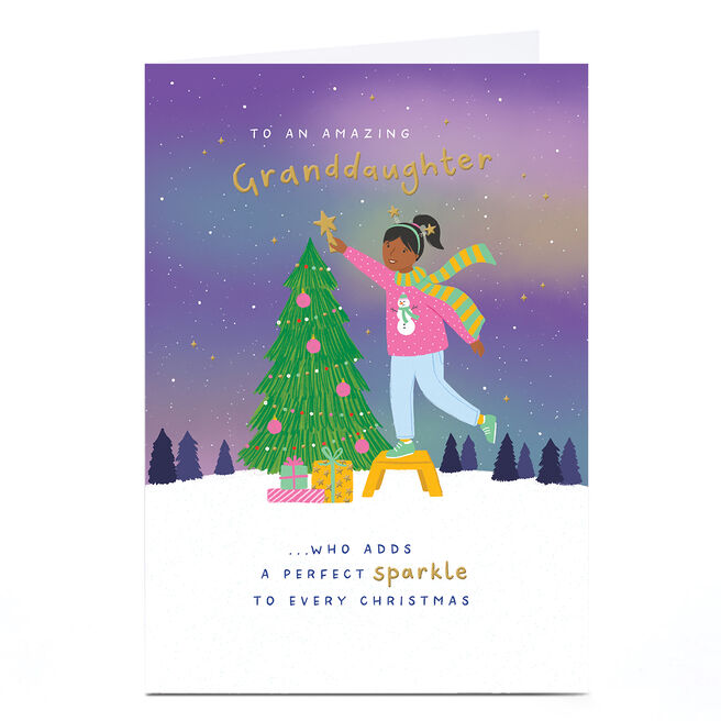 Personalised Christmas Card - Girl Dressing Tree, Granddaughter
