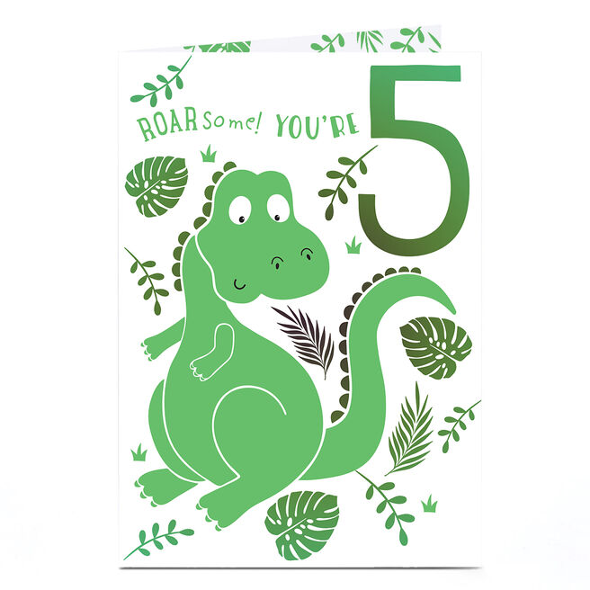 5th Birthday Card - Roarsome Green Dinosaur
