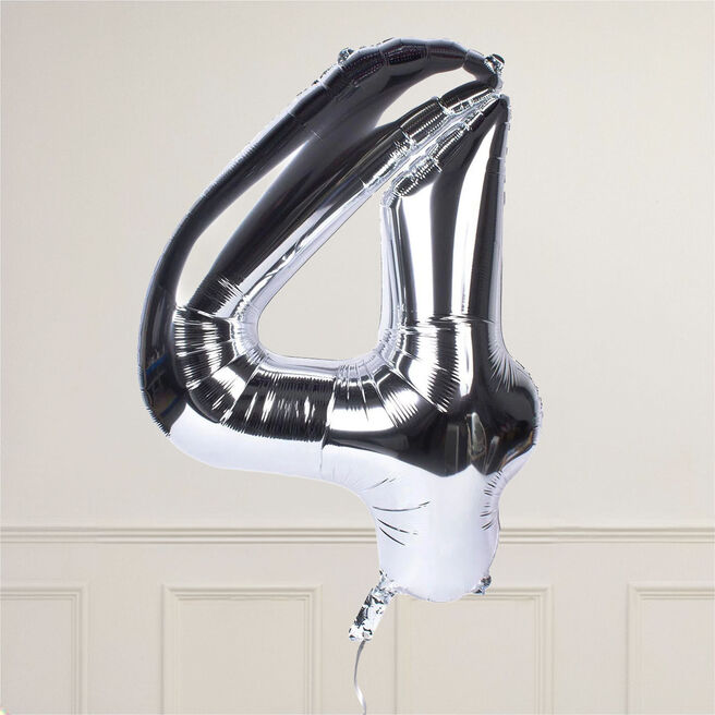 Silver Number 4 Giant Foil Helium Balloon INFLATED