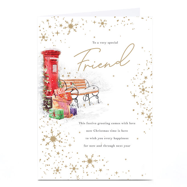 Personalised Christmas Card - Postbox Bench and Presents, Friend