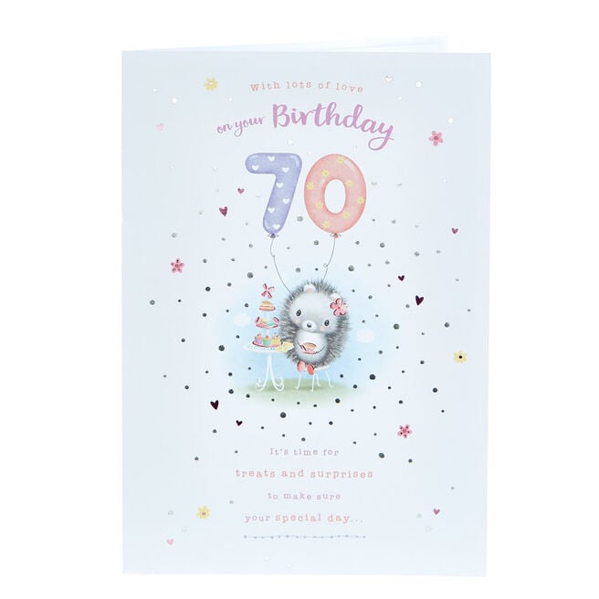 70th Birthday Card - Hedgehog Balloons