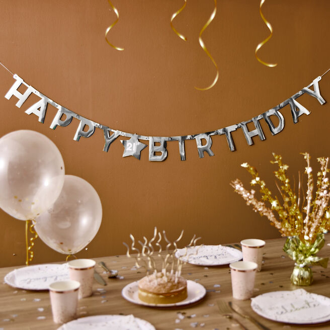 Happy Birthday Personalised Name Bunting - Silver