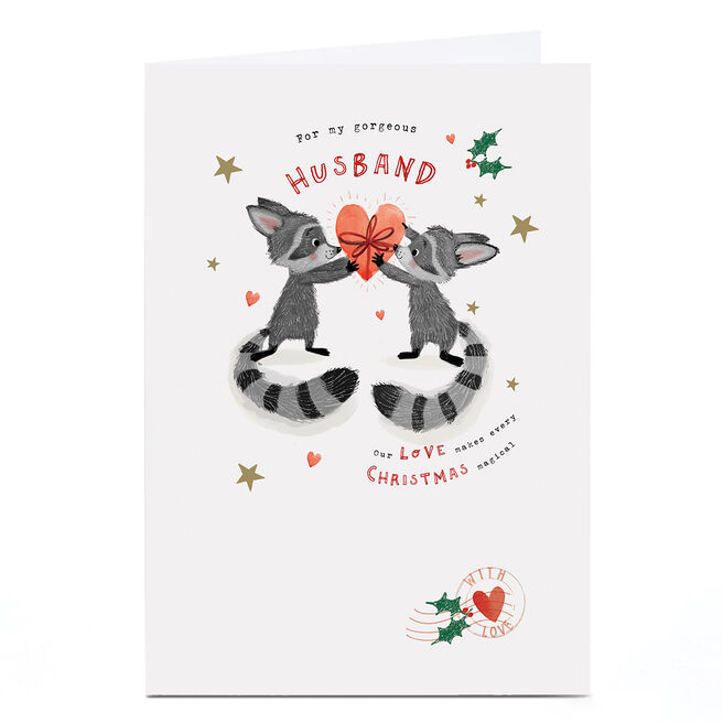 Personalised Christmas Card - Raccoons with Heart Present, Husband