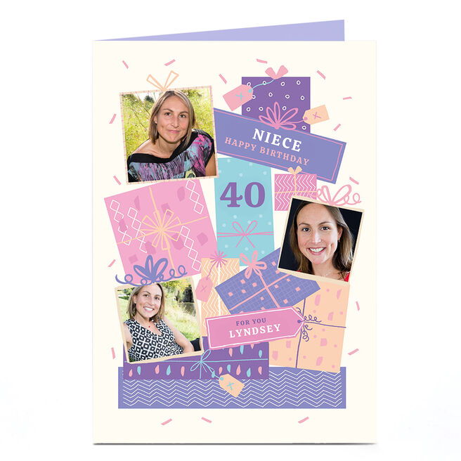 Photo Birthday Card - Pile Of Presents, Pink & Purple, Editable Age