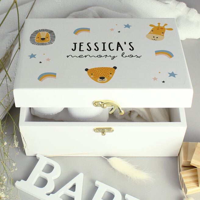 Personalised Safari Animal White Wooden Keepsake Box