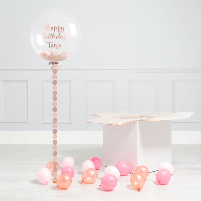 Personalised Rose Gold Circle Confetti Bubblegum Balloon & Minis - DELIVERED INFLATED!