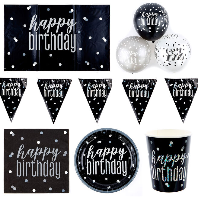 Black Happy Birthday Party Tableware & Decorations Bundle - 16 Guests