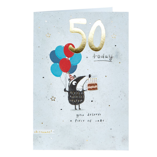50th Birthday Card - Badger & Balloons