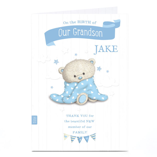 Personalised Hugs New Baby Card - Blue Baby Towel