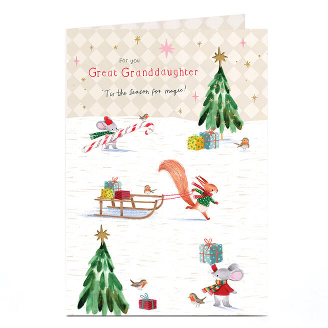 Christmas Card - Forest Creatures Snowy Fun, Great Granddaughter