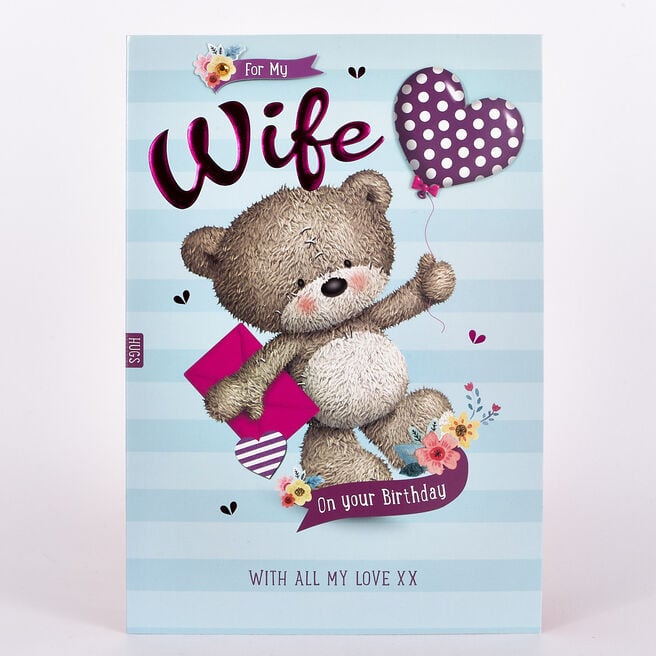Hugs Wife Birthday Card - Bear With Balloon