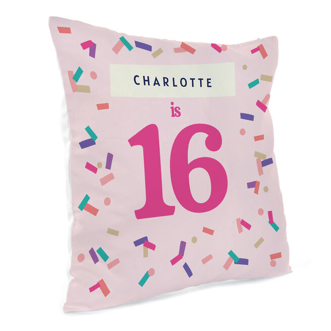 Personalised Birthday Cushion - Pink Confetti, Editable Age & Recipient
