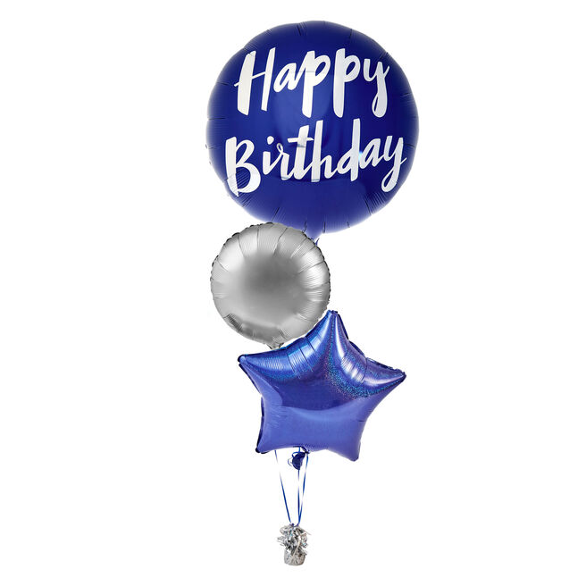 Blue & Silver Happy Birthday Inflated Balloon Arrangement