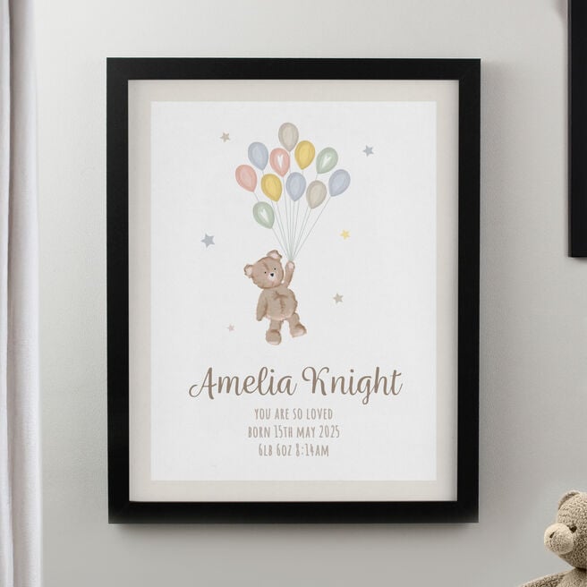 Personalised Teddy Balloon Black Poster Frame