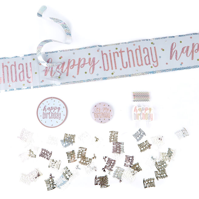 Rose Gold Happy Birthday Party Accessories Kit - 11 Pieces