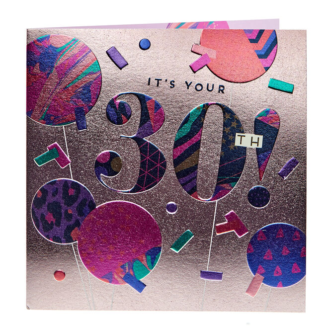 Boutique 30th Birthday Card - Confetti & Balloons