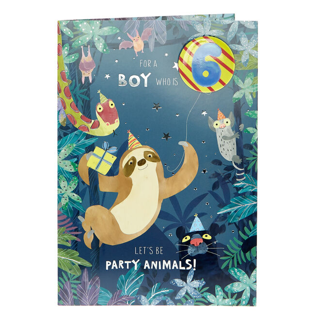 6th Birthday Card - Party Animals (With Badge)