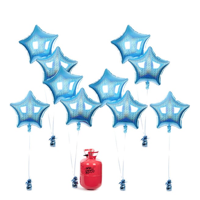 Party Balloon Bundle - 10 Baby Blue Stars & Helium 